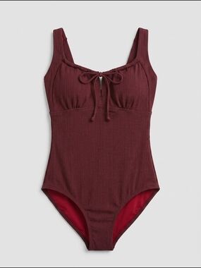Women's Size Small Ribbed One Piece Swimsuit Burgundy‎ Tie Front Bathing Suit